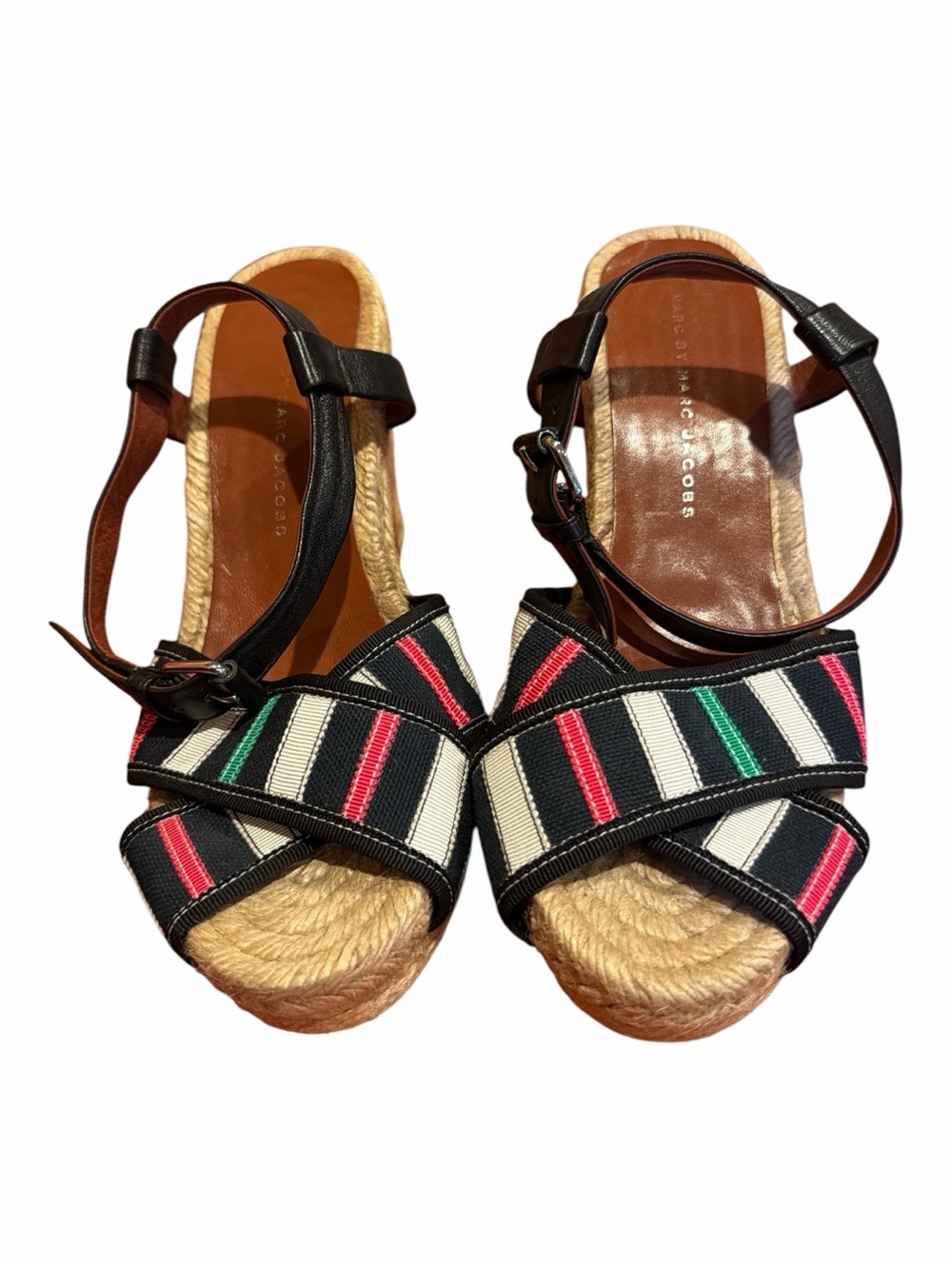 Marc Jacobs Black Striped Espadrille Sandals with Pink & Green Accents
